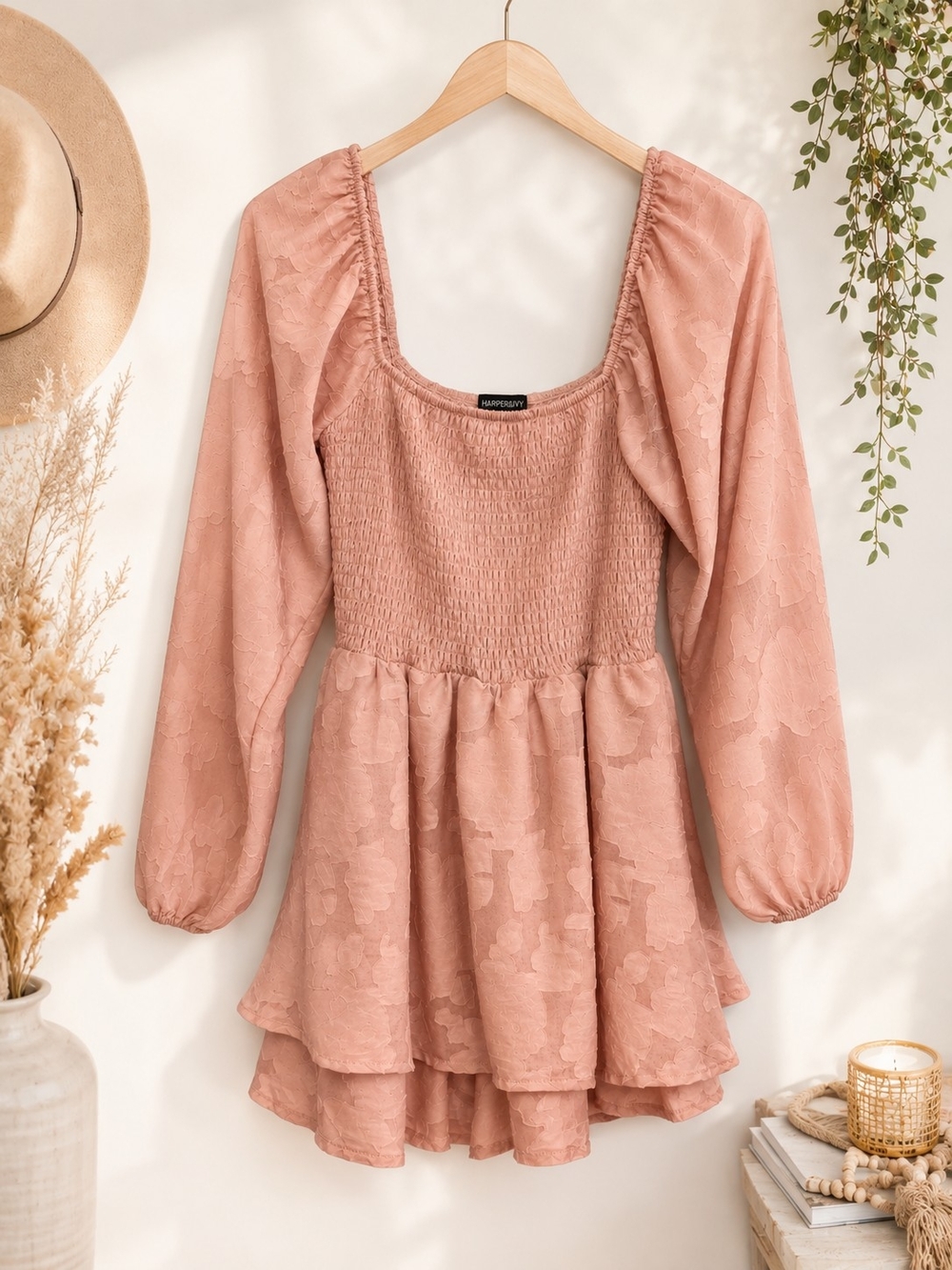 Harper & Ivy Dusty Rose Smocked Square-Neck Tiered Mini Dress Juniors Large